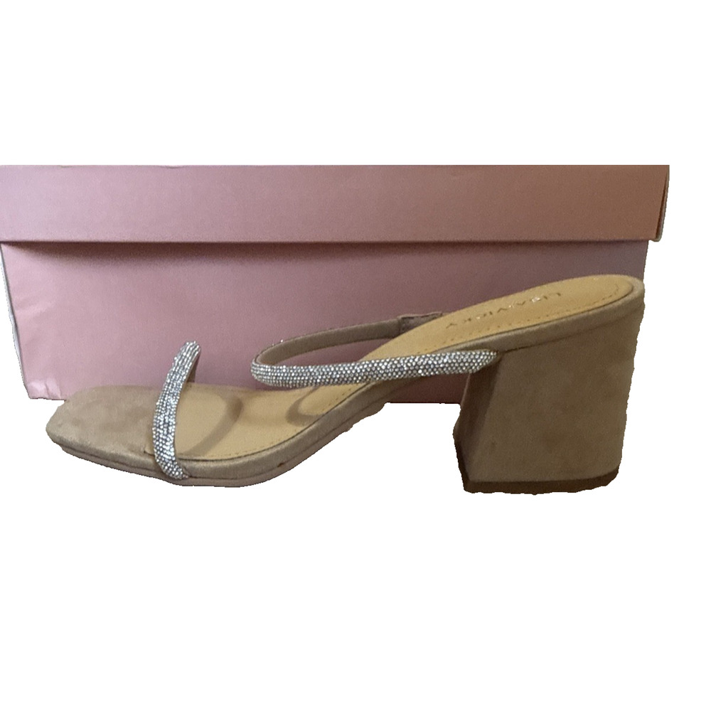 Lisa Vicky Mood Slide Sandals Pave Crystals Silver Hotfix Heels Tan Size 9 - Picture 4 of 9